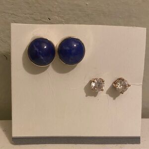 Genuine Blue Lapis and Sterling Silver Stud Earrings and Cubic Zerconia studs